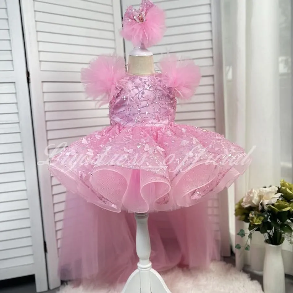 0-12 years old baby dress birthday party sleeveless feather butterfly tail girl evening dress