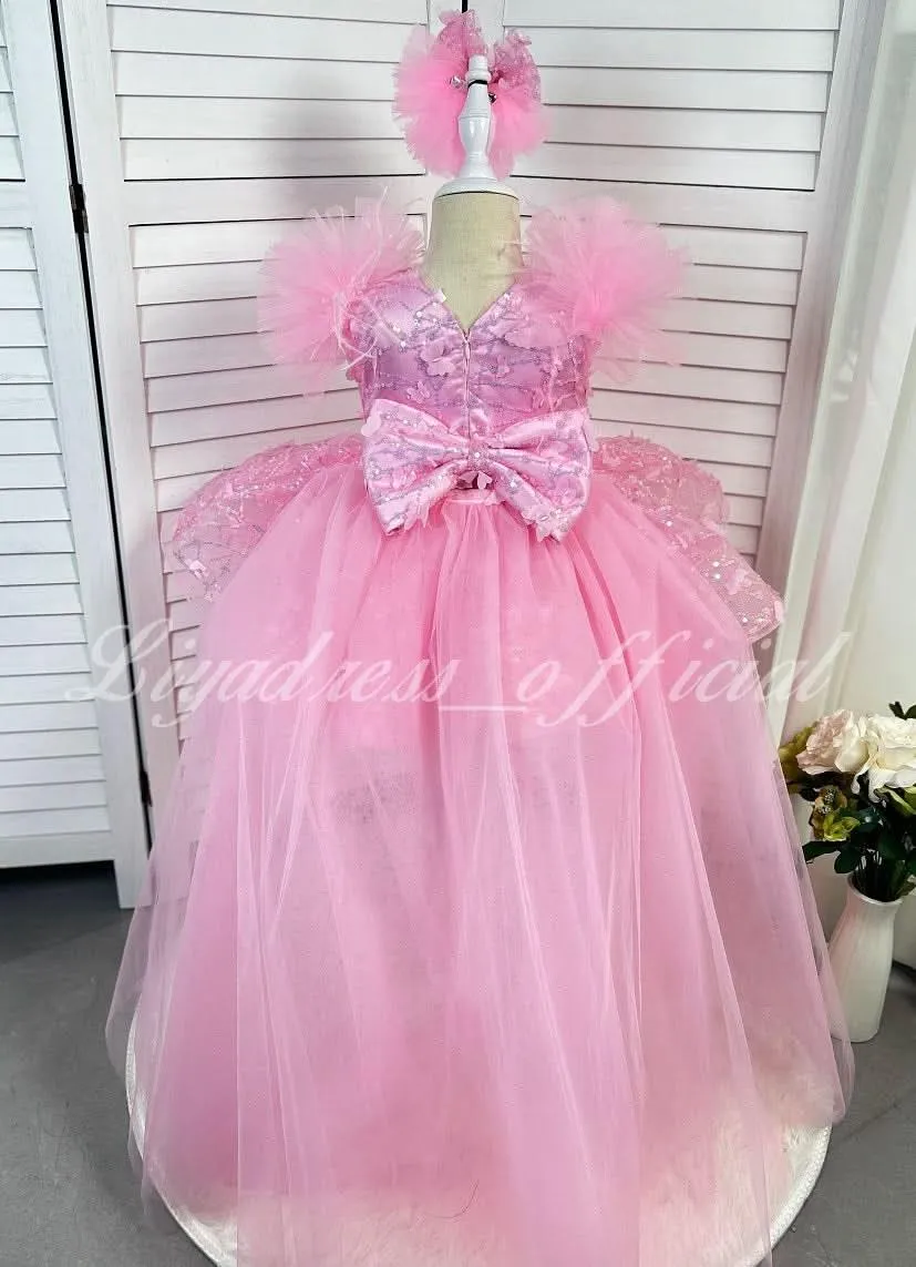 0-12 years old baby dress birthday party sleeveless feather butterfly tail girl evening dress
