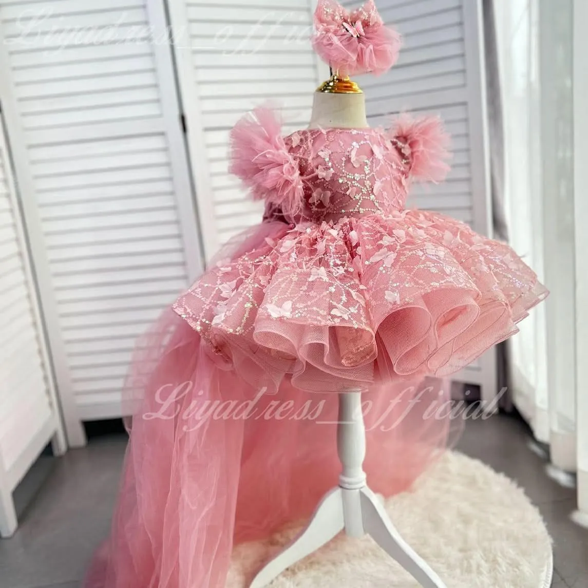 0-12 years old baby dress birthday party sleeveless feather butterfly tail girl evening dress
