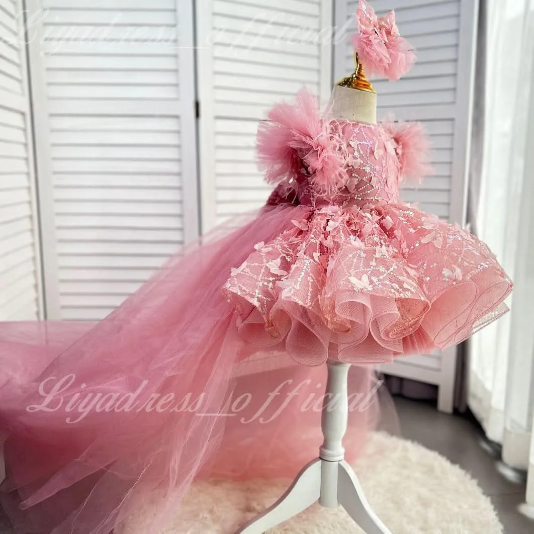 0-12 years old baby dress birthday party sleeveless feather butterfly tail girl evening dress