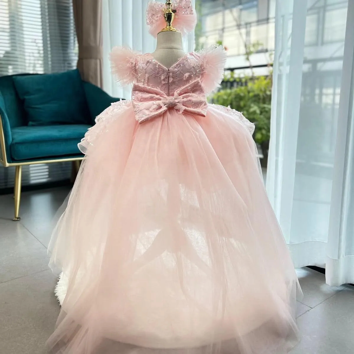 0-12 years old baby dress birthday party sleeveless feather butterfly tail girl evening dress