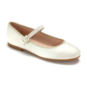 1580 - Off White Leather Girls Mary Jane Dress Flats