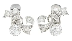 1950's 1.35 CTW Diamond Platinum Ribbon Vintage Earrings