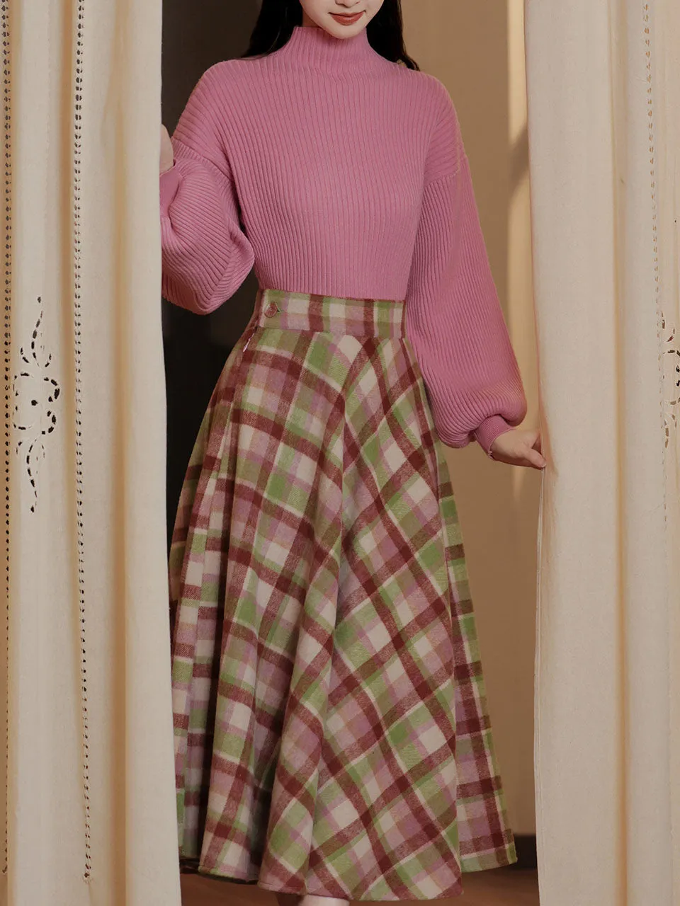 2PS Fuchsia Warm Sweater And Plaid Swing Skirt