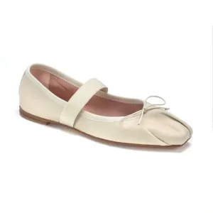 52026 - Cream Leather Teens Pleated Bow Flats