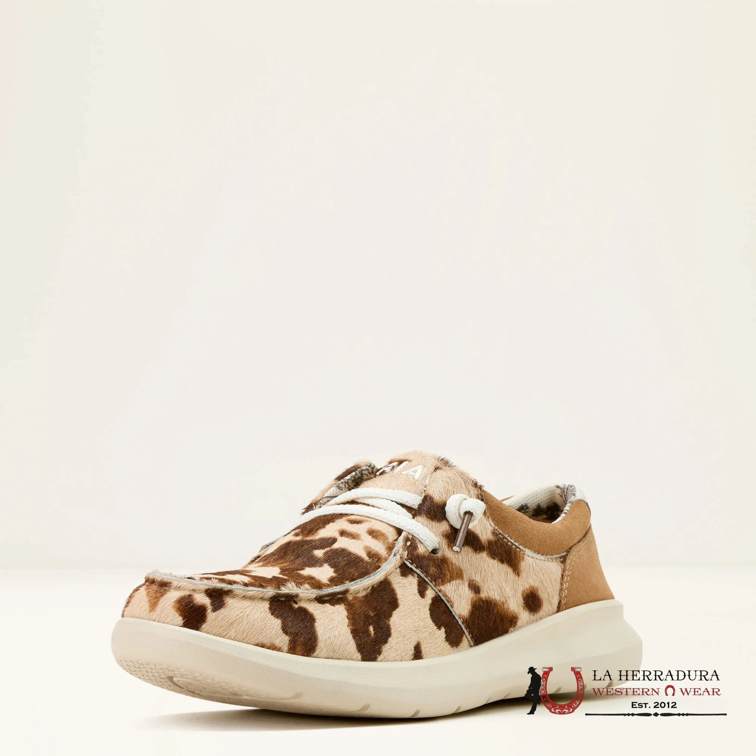 ARIAT WOMENS SLIP ON HILO TAN AND WHITE BUNDLE HAIR ON/DARK TAN SUEDE