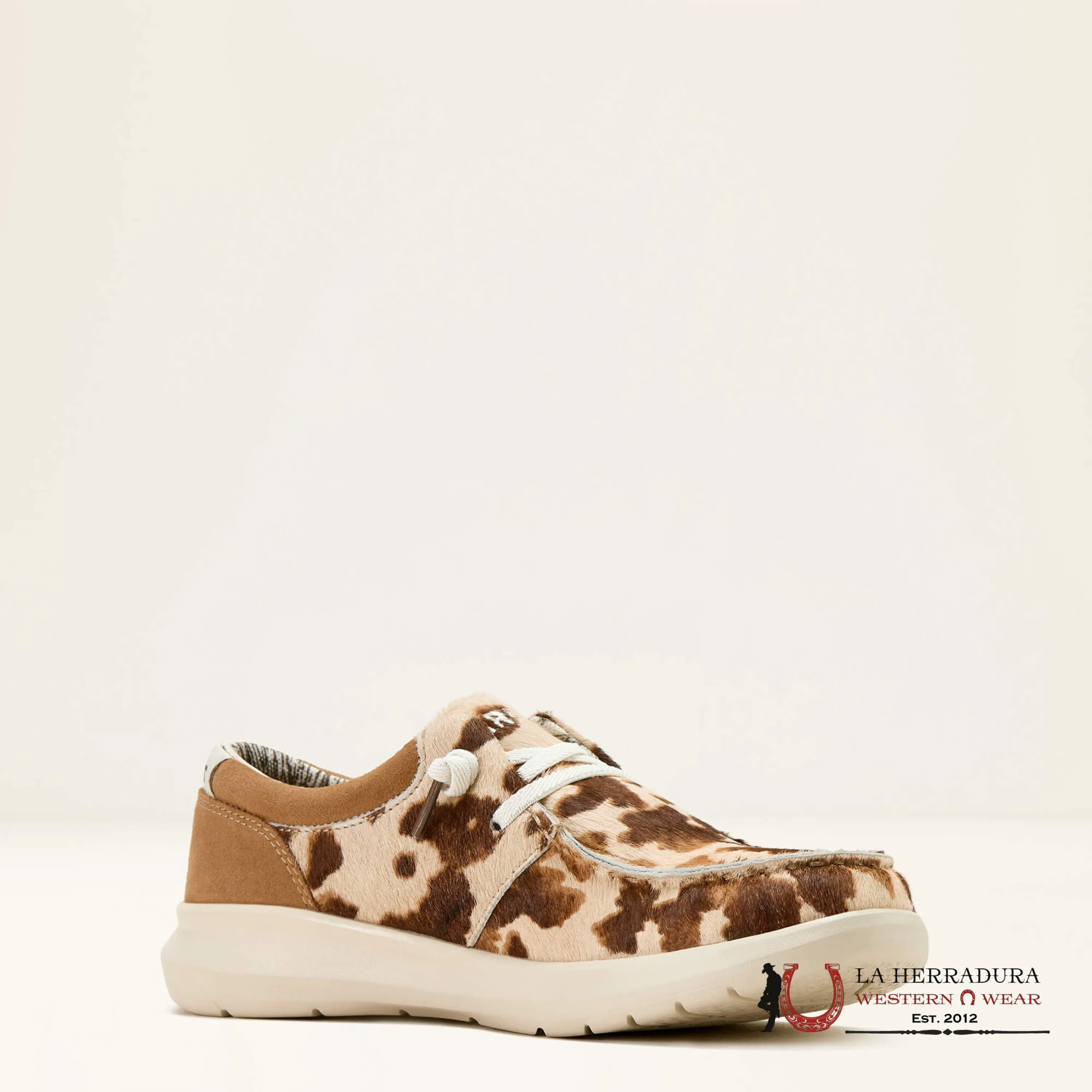 ARIAT WOMENS SLIP ON HILO TAN AND WHITE BUNDLE HAIR ON/DARK TAN SUEDE