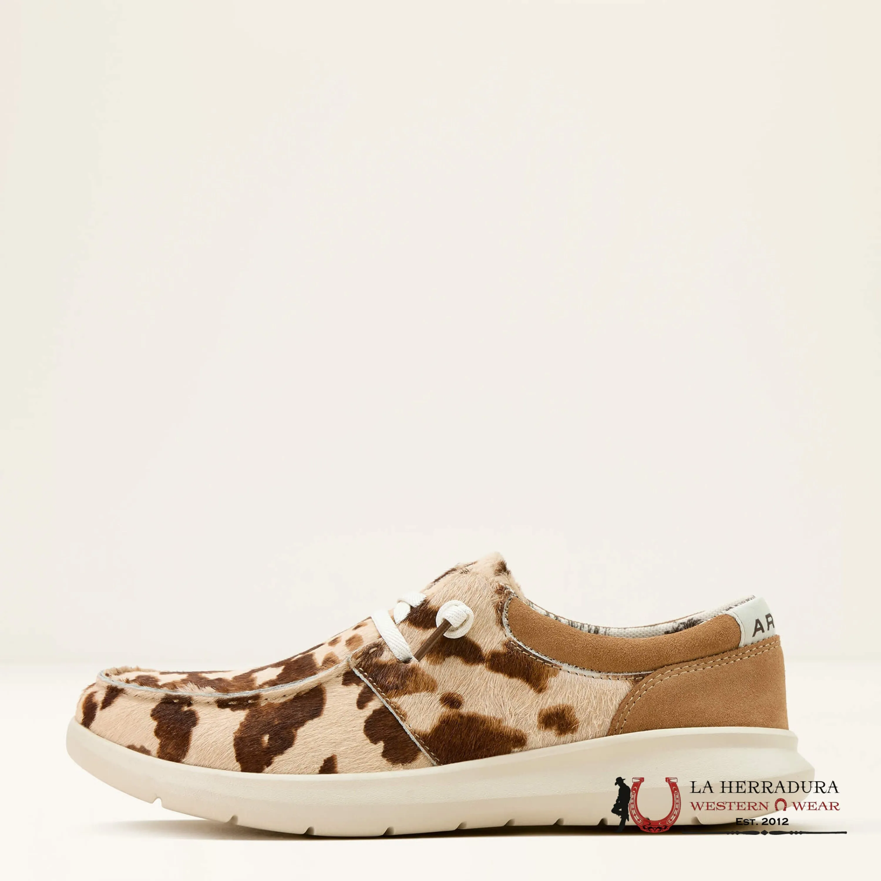 ARIAT WOMENS SLIP ON HILO TAN AND WHITE BUNDLE HAIR ON/DARK TAN SUEDE