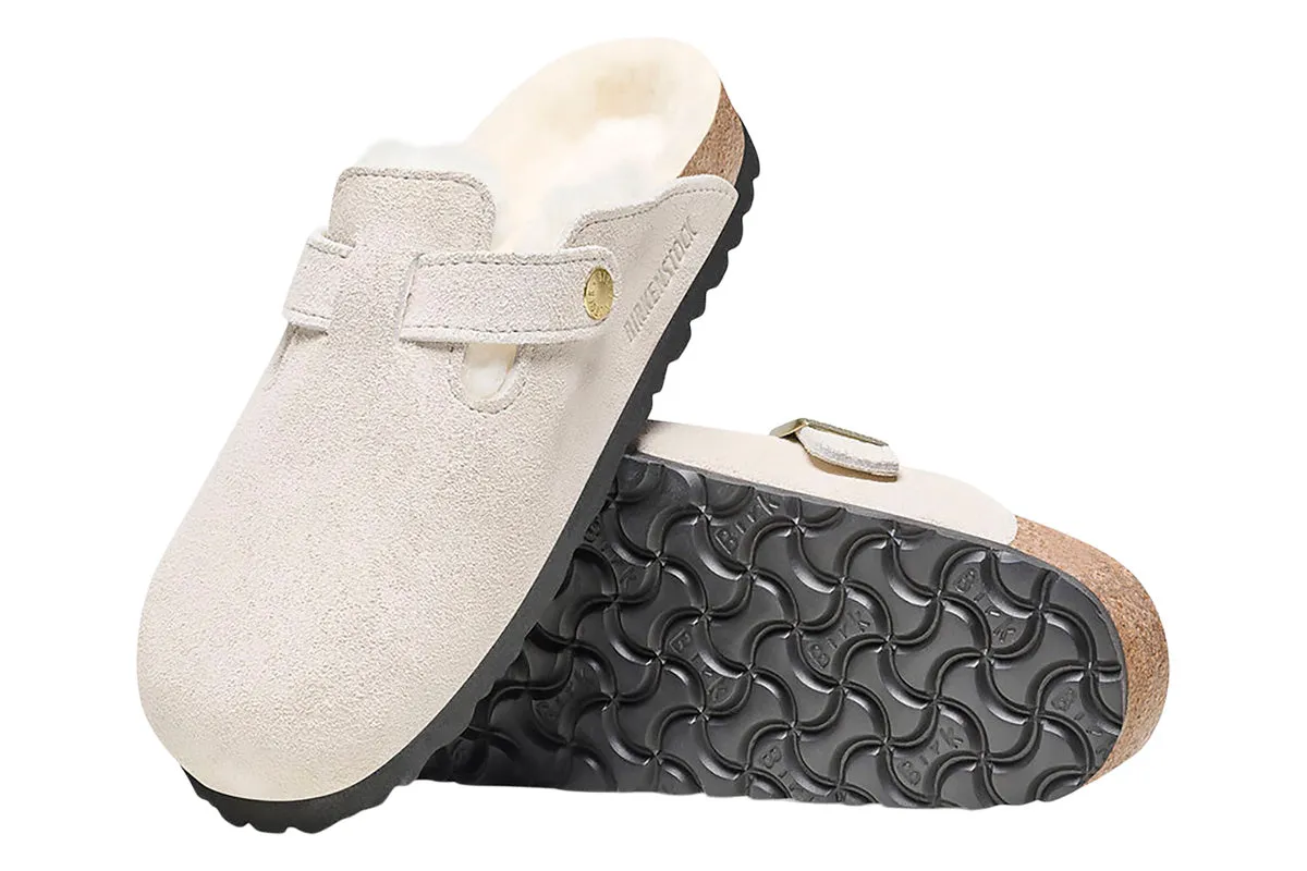 Birkenstock Boston R Antique White Suede Leather/Shearling Womens