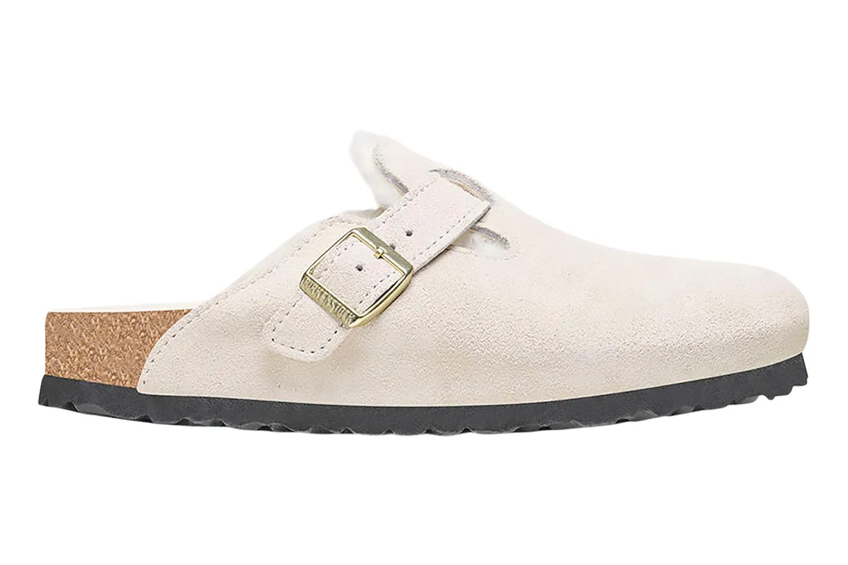 Birkenstock Boston R Antique White Suede Leather/Shearling Womens
