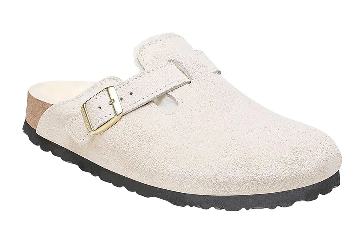 Birkenstock Boston R Antique White Suede Leather/Shearling Womens