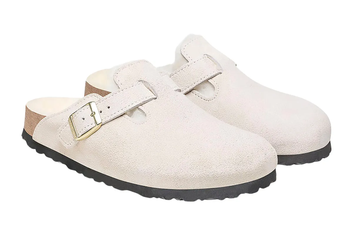 Birkenstock Boston R Antique White Suede Leather/Shearling Womens