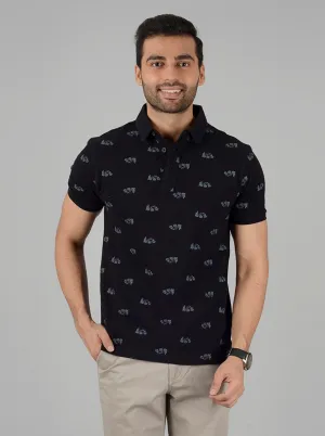 Black Printed Slim Fit Polo T-Shirt | JadeBlue