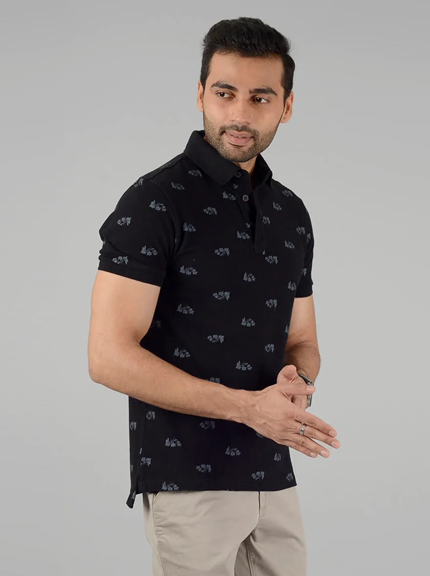Black Printed Slim Fit Polo T-Shirt | JadeBlue