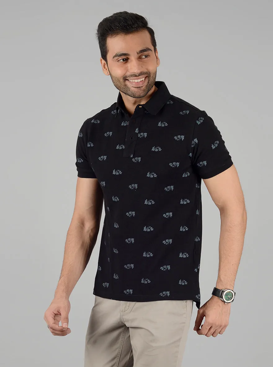 Black Printed Slim Fit Polo T-Shirt | JadeBlue