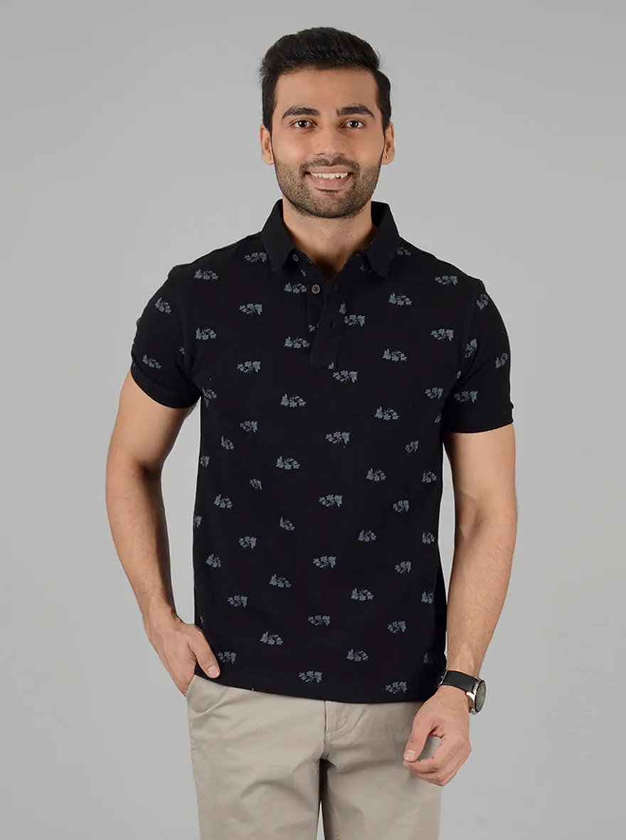 Black Printed Slim Fit Polo T-Shirt | JadeBlue