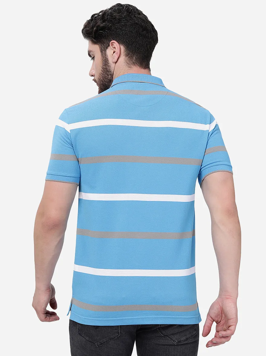 Blue & Grey Striped Slim Fit Polo T-Shirt | Greenfibre