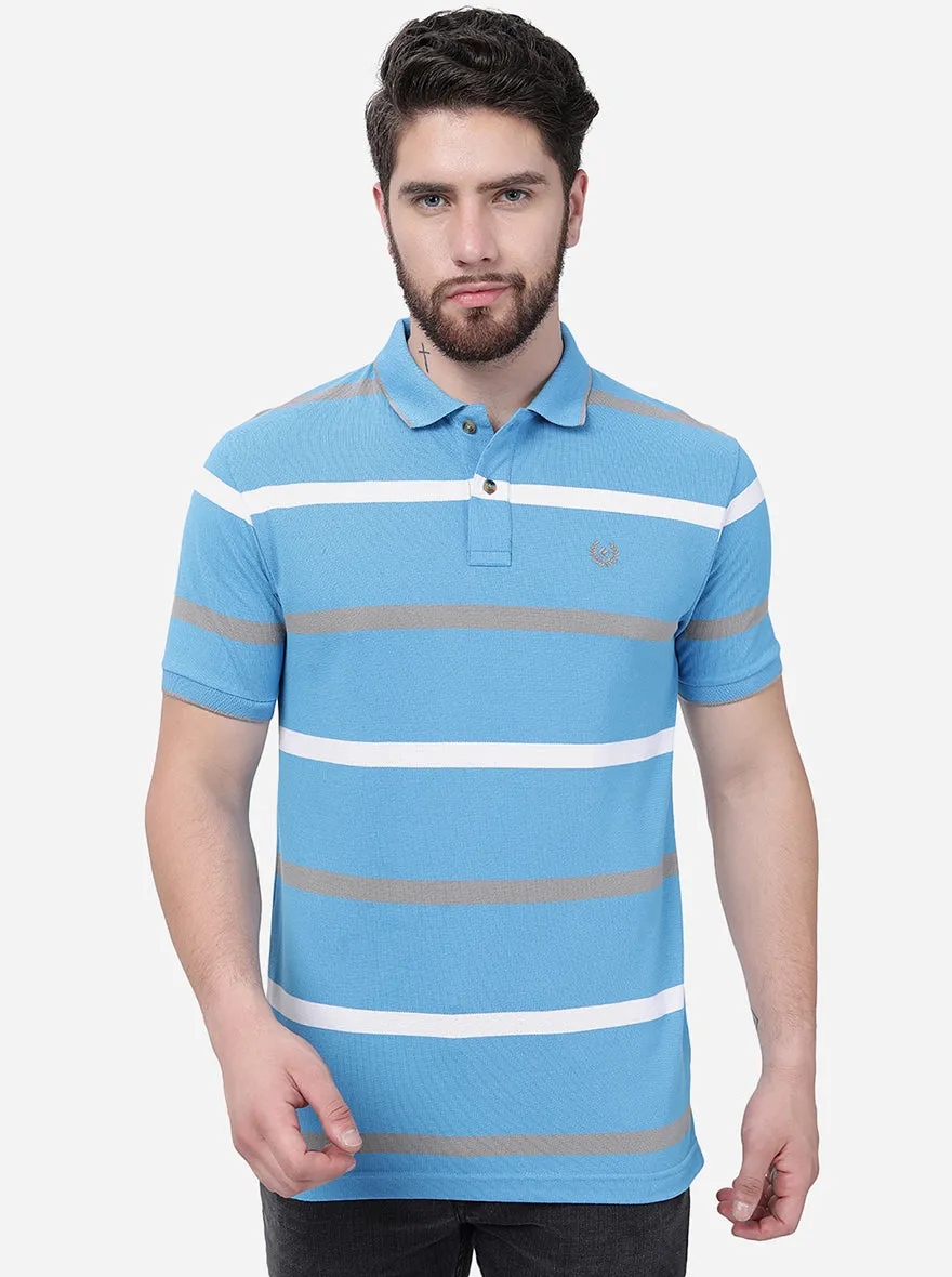 Blue & Grey Striped Slim Fit Polo T-Shirt | Greenfibre