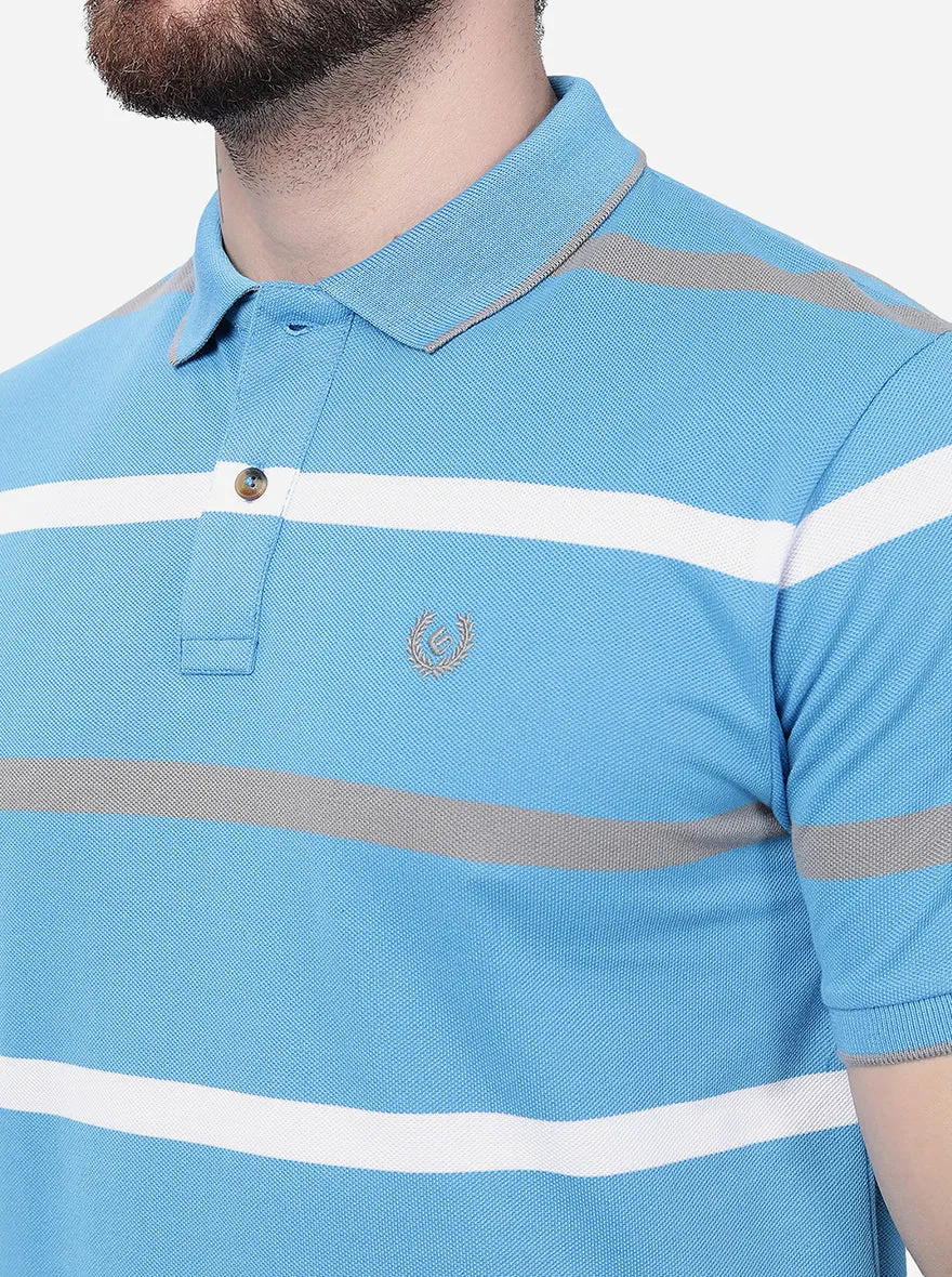 Blue & Grey Striped Slim Fit Polo T-Shirt | Greenfibre