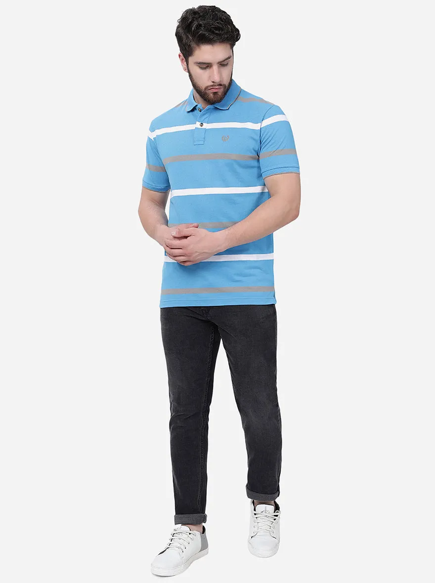 Blue & Grey Striped Slim Fit Polo T-Shirt | Greenfibre