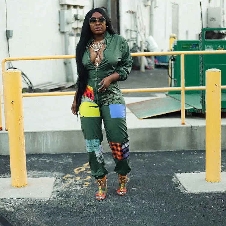 Bold Patchwork Print Zipper Long Sleeve Casual Jumpsuit