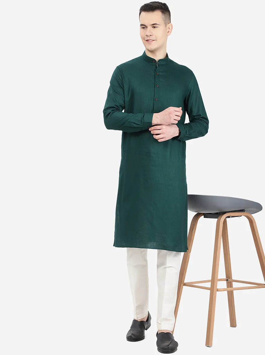 Bottle Green Self Textured Regular Fit Modi Kurta | JadeBlue
