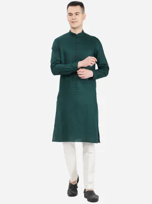 Bottle Green Self Textured Regular Fit Modi Kurta | JadeBlue