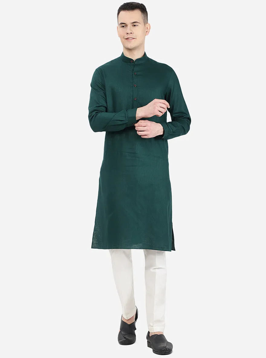 Bottle Green Self Textured Regular Fit Modi Kurta | JadeBlue
