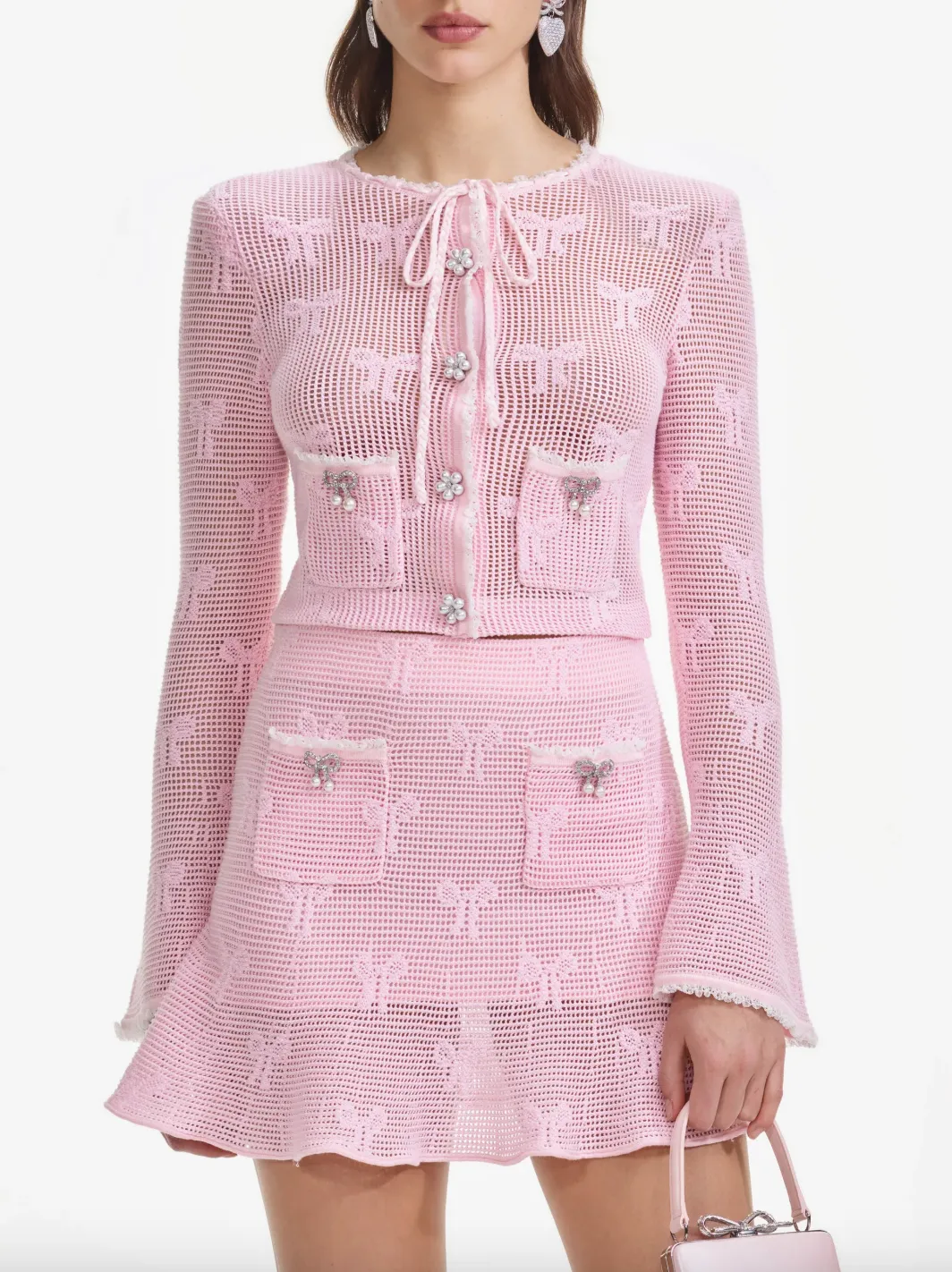 Bow Crochet Cardigan - Pink
