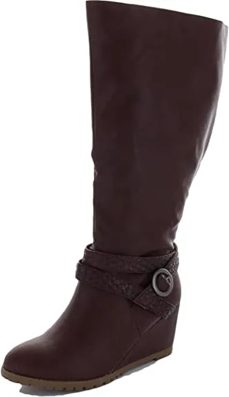 Brinley Co Comfort Womens Braid Strap Wedge Boot Wine, 9 Extra Wide Calf US