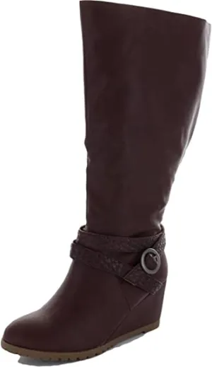 Brinley Co Comfort Womens Braid Strap Wedge Boot Wine, 9 Extra Wide Calf US