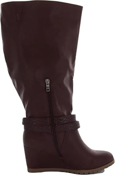 Brinley Co Comfort Womens Braid Strap Wedge Boot Wine, 9 Extra Wide Calf US