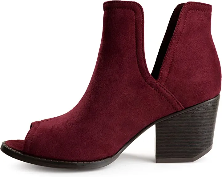 Brinley Co. Womens JENA Faux Suede Side-Slit Peep-Toe Ankle Booties Wine,7.5 Regular US