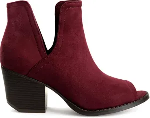 Brinley Co. Womens JENA Faux Suede Side-Slit Peep-Toe Ankle Booties Wine,7.5 Regular US