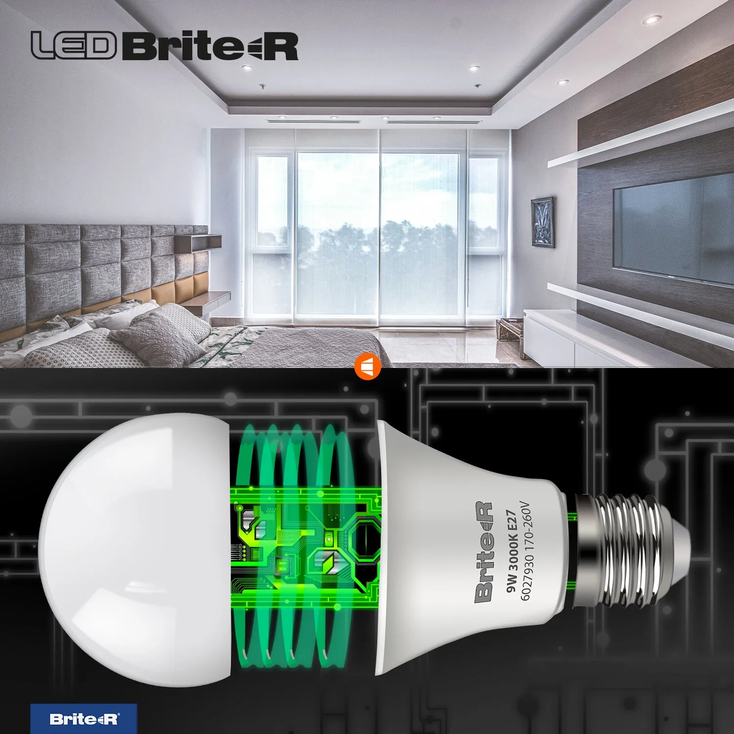 Brite-R 9W E27 ES GLS LED Bulb Warm White 3000K