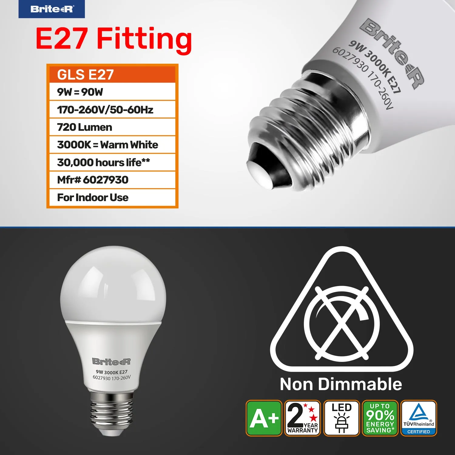 Brite-R 9W E27 ES GLS LED Bulb Warm White 3000K