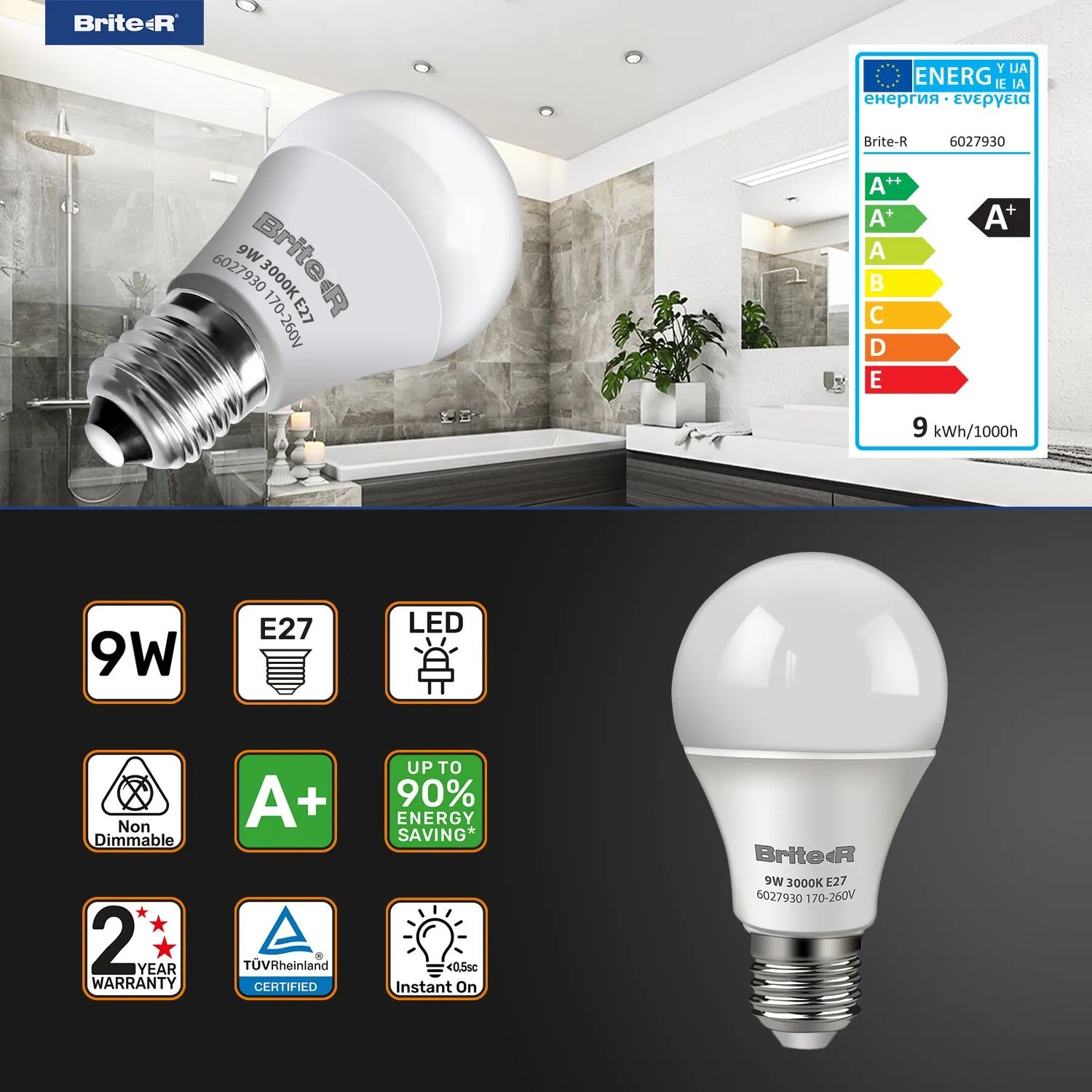 Brite-R 9W E27 ES GLS LED Bulb Warm White 3000K