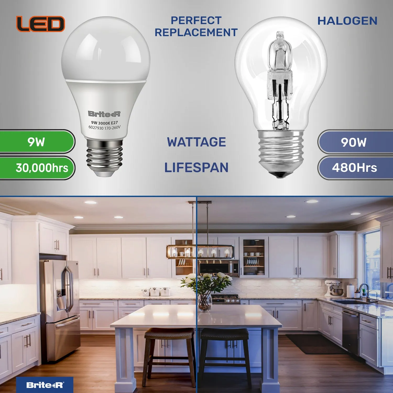 Brite-R 9W E27 ES GLS LED Bulb Warm White 3000K