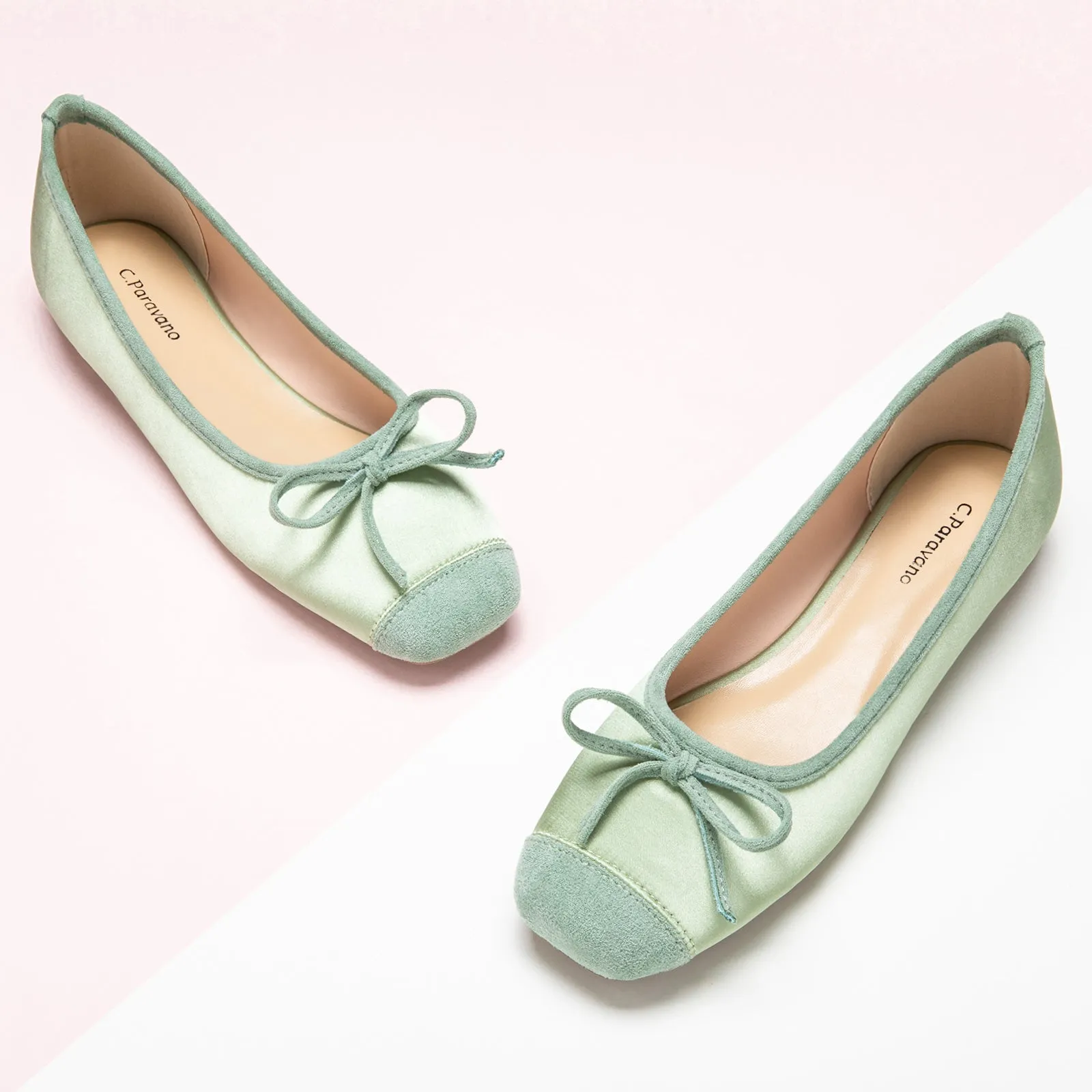 Cap-Toe Silk Ballet Flats (Elena) Light Green