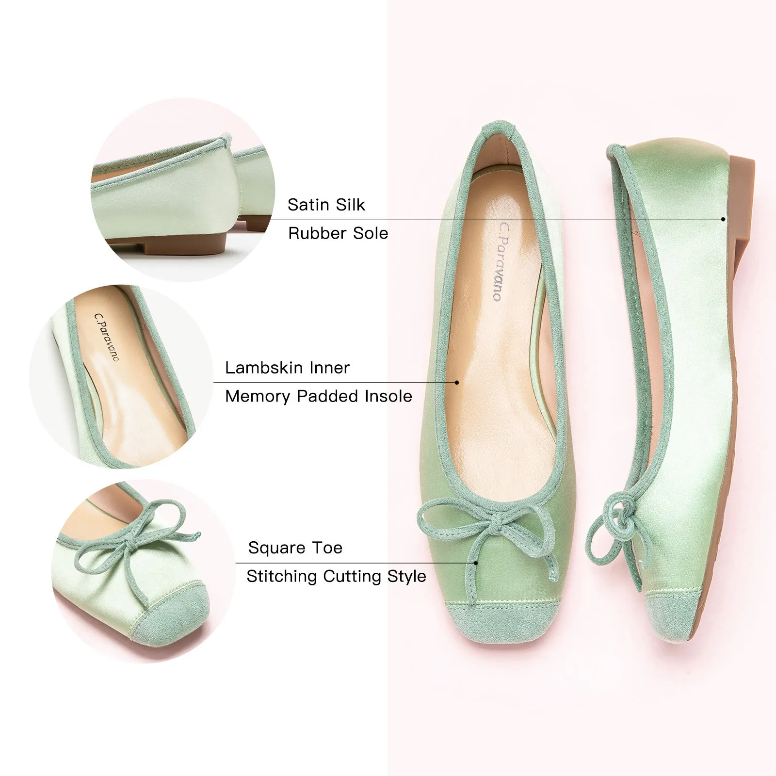 Cap-Toe Silk Ballet Flats (Elena) Light Green