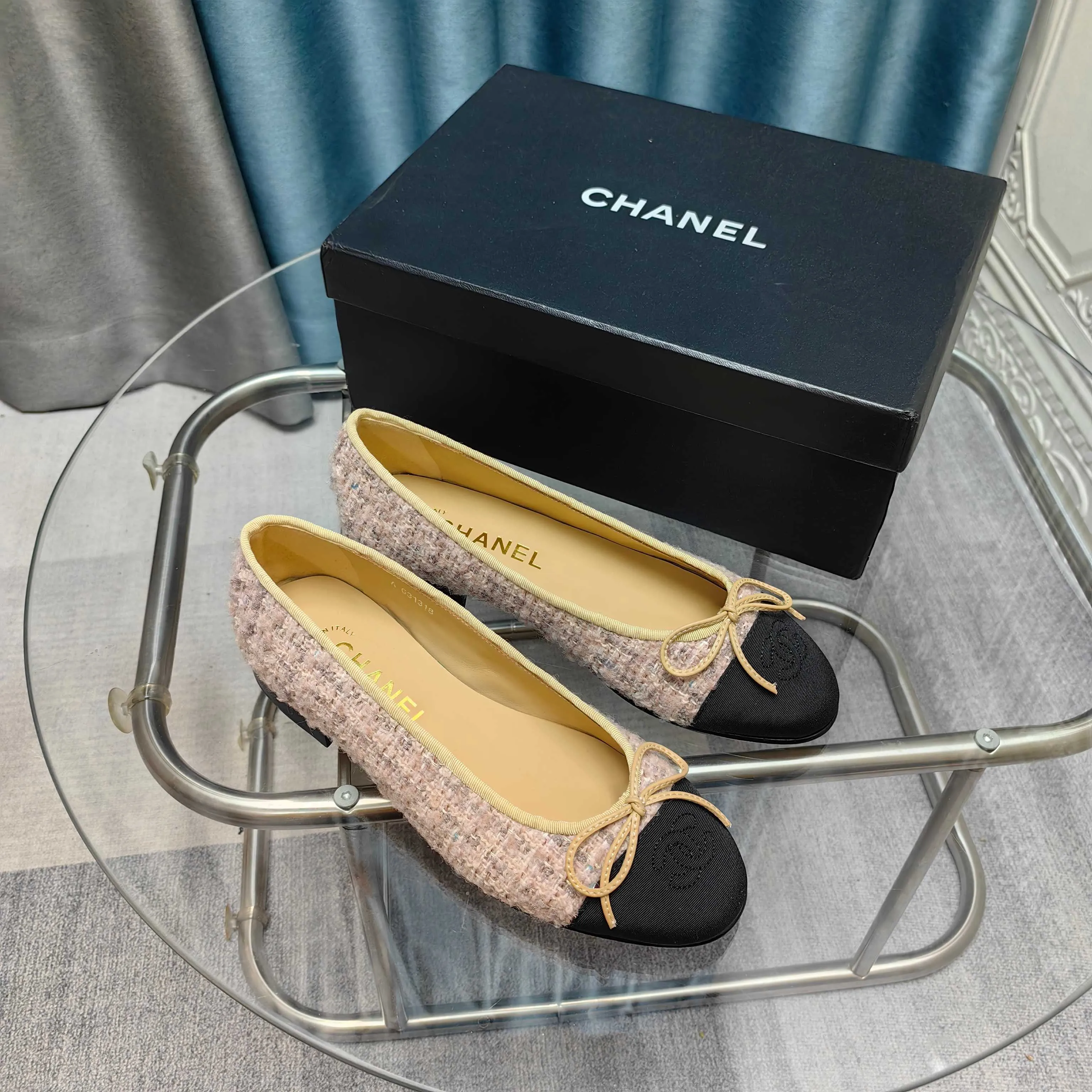 CC 25P Ballet Flat Light Pink Tweed Black Grosgrain