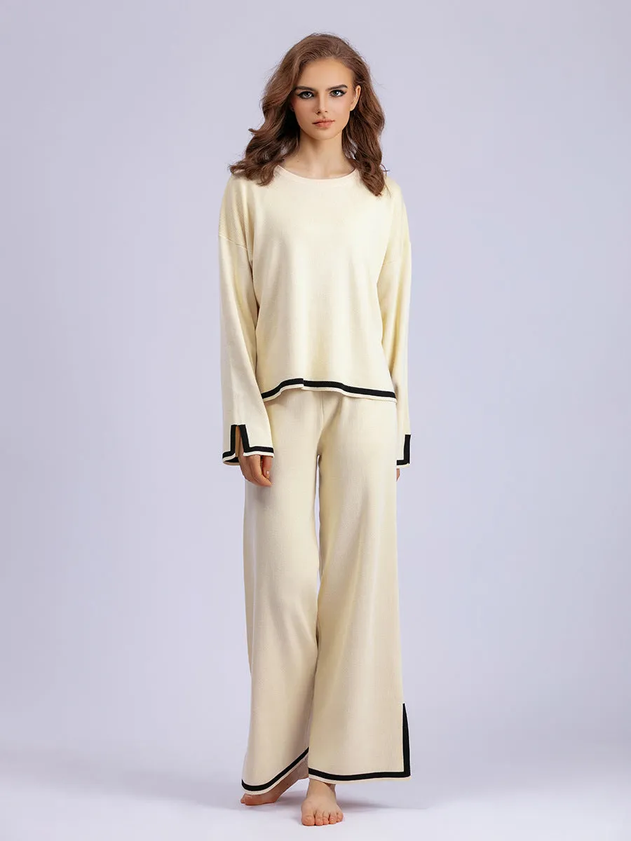Chic Contrast Color Split Knitted Two-Piece Set with Wide-Leg Pants