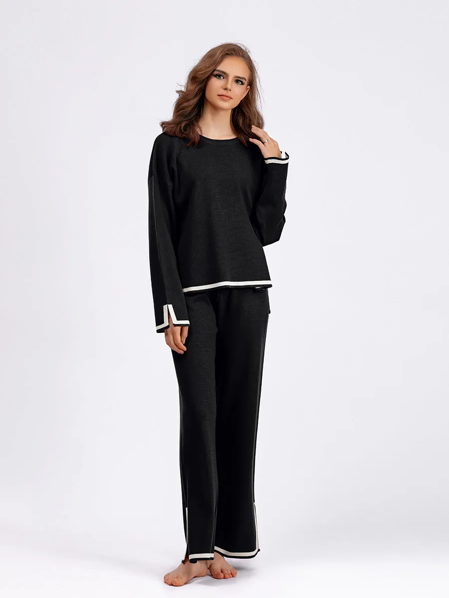 Chic Contrast Color Split Knitted Two-Piece Set with Wide-Leg Pants