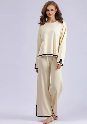 Chic Contrast Color Split Knitted Two-Piece Set with Wide-Leg Pants