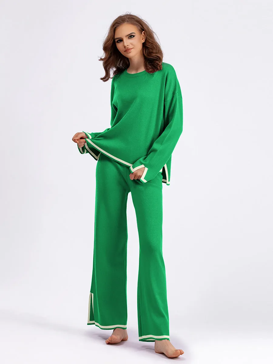 Chic Contrast Color Split Knitted Two-Piece Set with Wide-Leg Pants