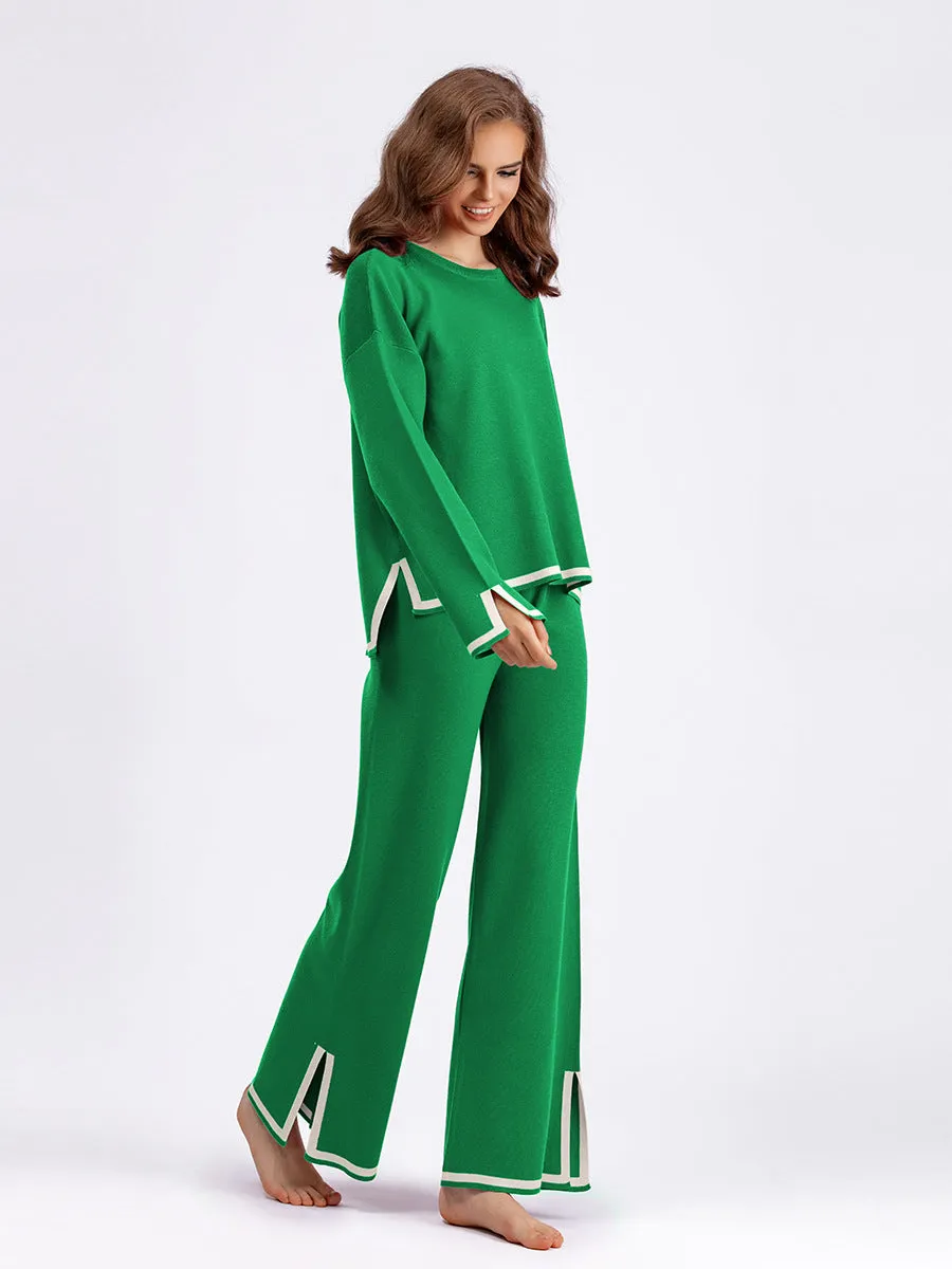 Chic Contrast Color Split Knitted Two-Piece Set with Wide-Leg Pants