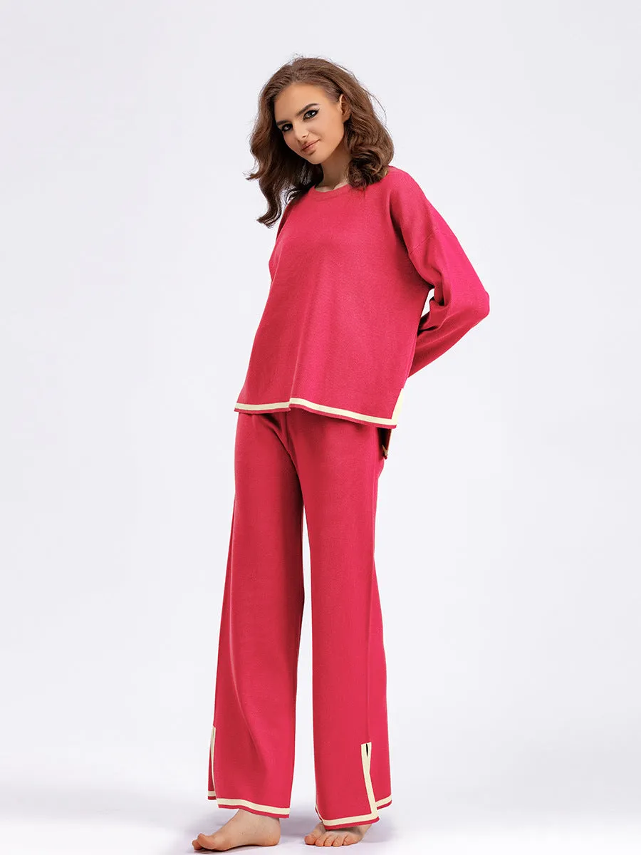 Chic Contrast Color Split Knitted Two-Piece Set with Wide-Leg Pants