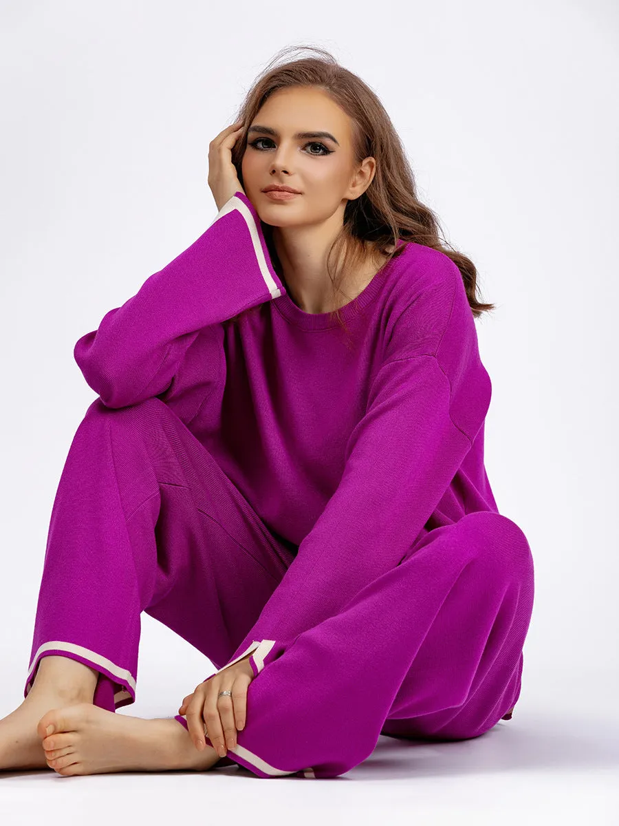Chic Contrast Color Split Knitted Two-Piece Set with Wide-Leg Pants