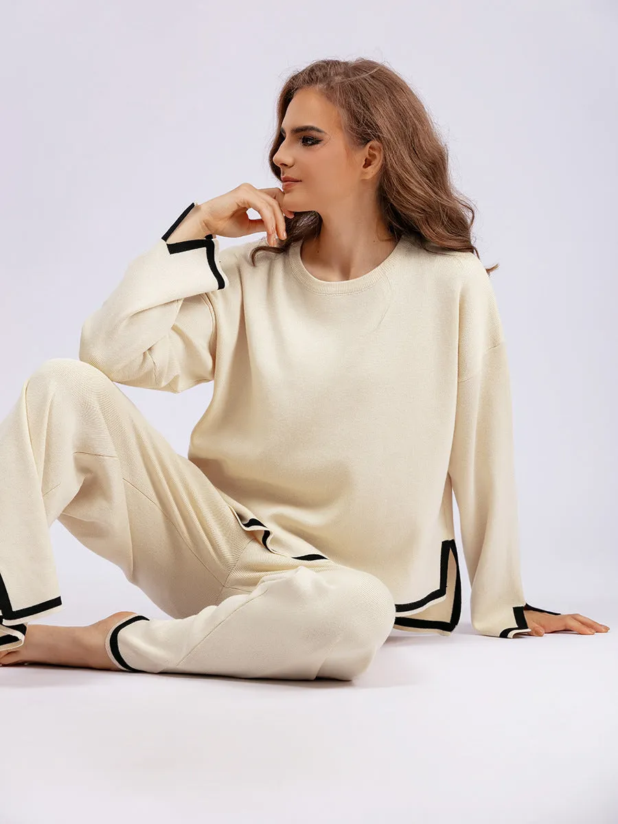 Chic Contrast Color Split Knitted Two-Piece Set with Wide-Leg Pants