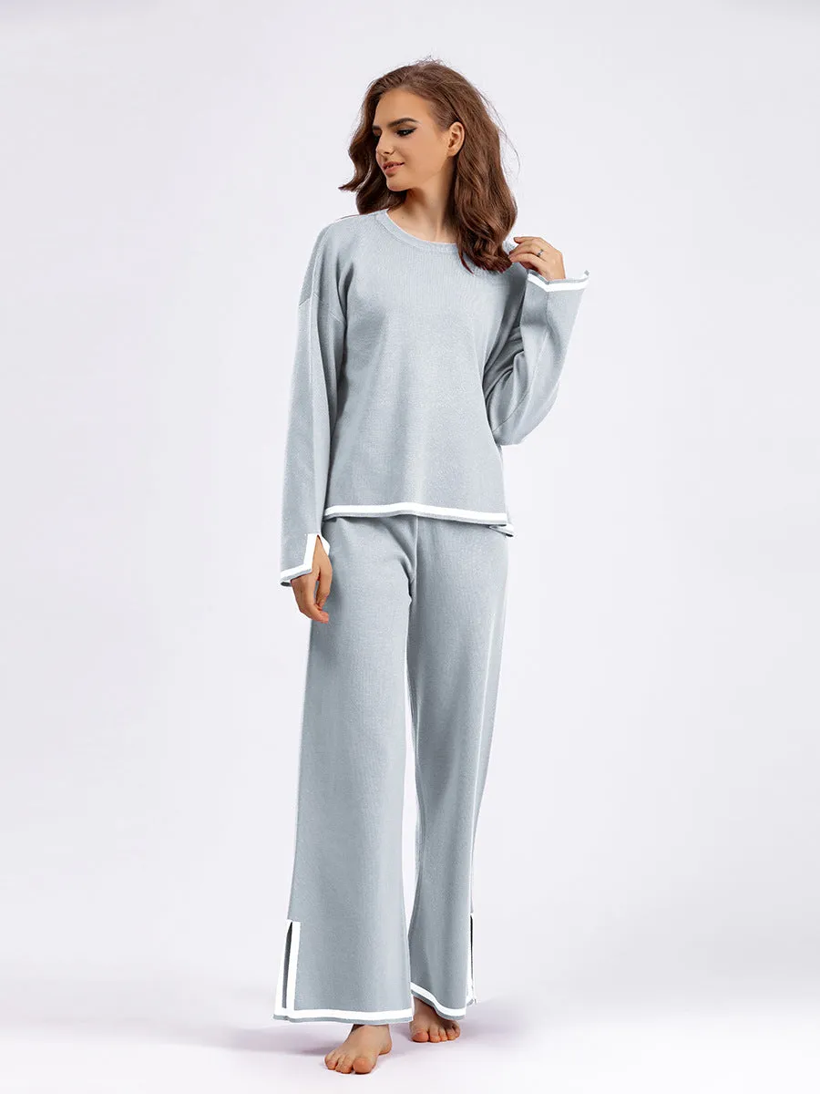 Chic Contrast Color Split Knitted Two-Piece Set with Wide-Leg Pants